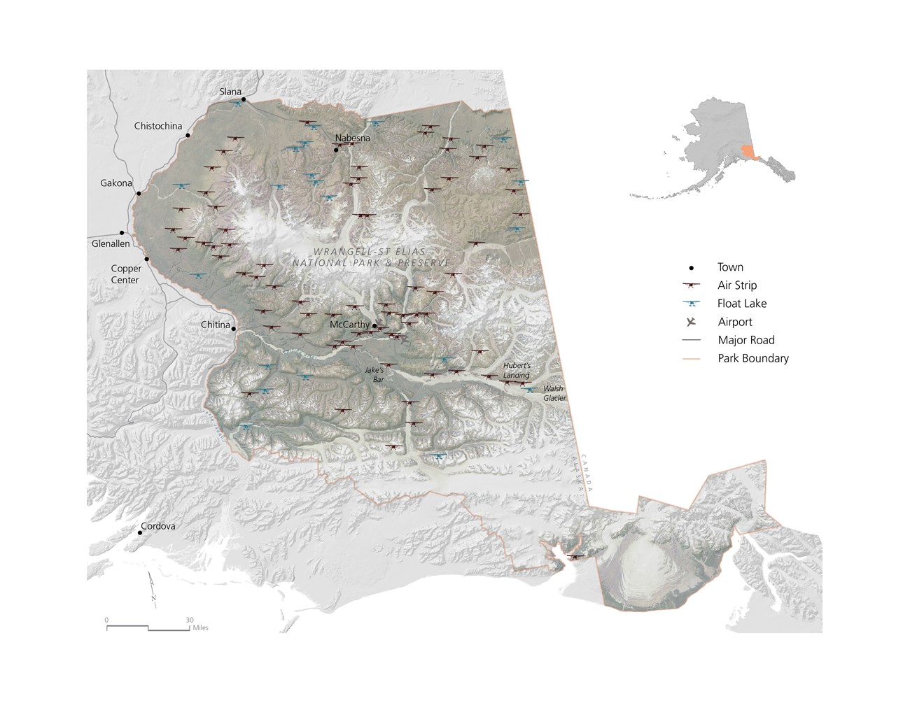 Map of landing sites in Wrangell-St. Elias with air strips, float lakes, and airports.