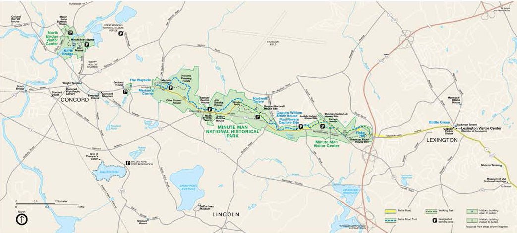 A park map shows the battle road, trails, historic buildings, and surrounding area.