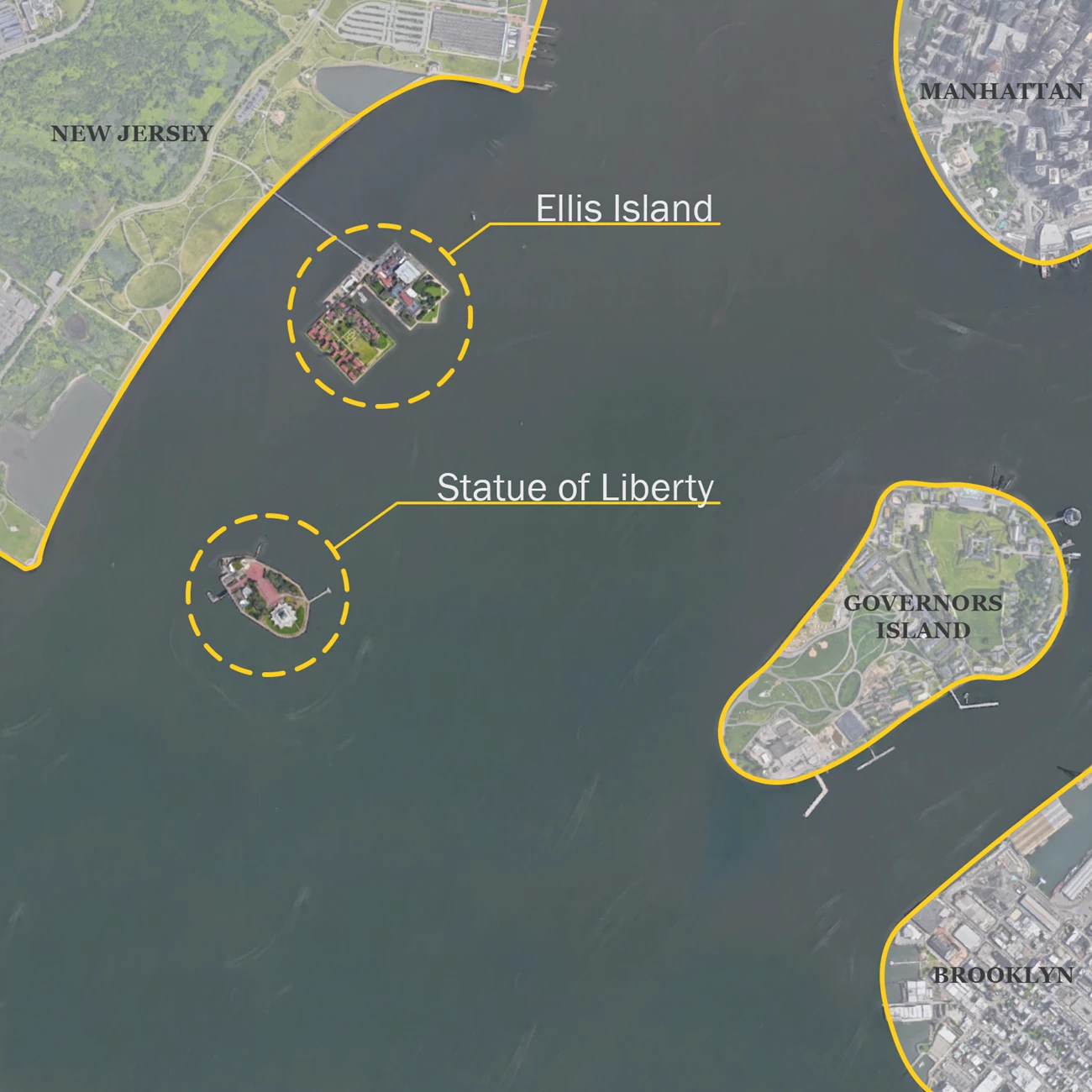 Context Map Statue of Liberty and Ellis Island A map shows the relationship between Ellis Island, Statue of Liberty, water, and surrounding land, outlined in yellow,
