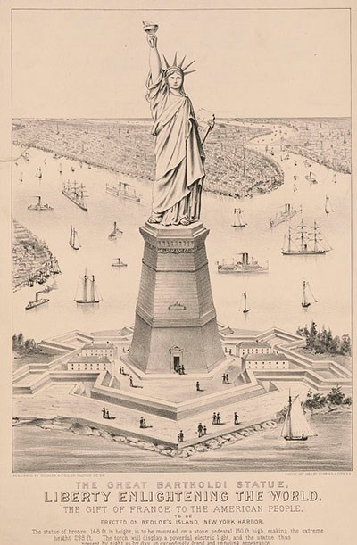 Hand-drawn poster for the anticipated Statue of Liberty, 1883, "great Bartholdi statue, Liberty Enlightening the World"
