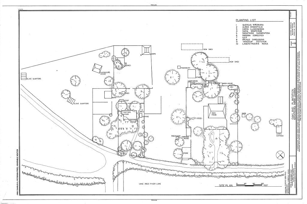 A measured site plan drawing and planting list shows the arrangement of structures, roads, vegetation, and small features.
