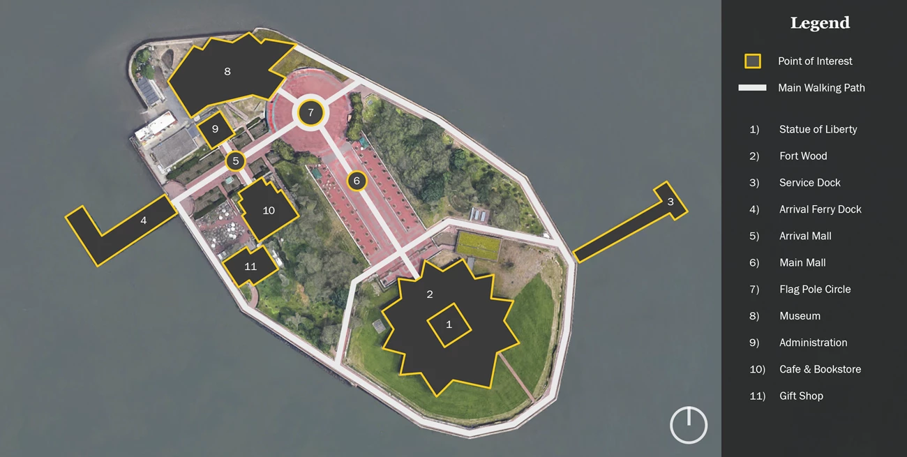 Statue of Liberty site map A map of Liberty Island, with points of interest outlined in yellow and numbered.