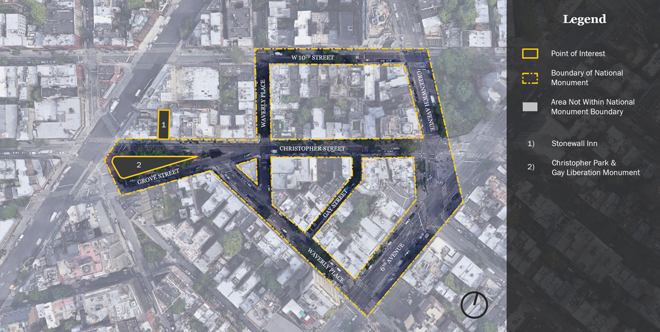 Site map of the Stonewall National Monument landscape showing boundaries, points of interest, and the names of streets.