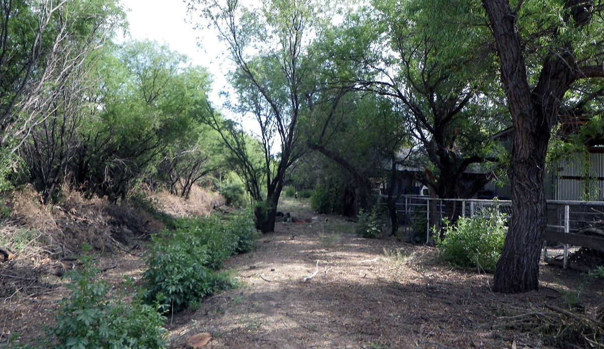 A cleared area between a structure and a small berm.