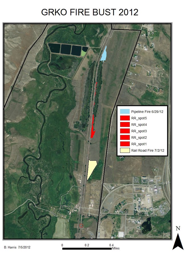 Map of fire starts and areas burned in the park GRKO