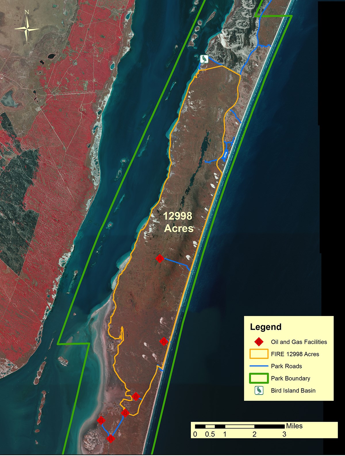 lt= A map of Padre Island National Seashore shows the area burned by the 6 Mile Fire