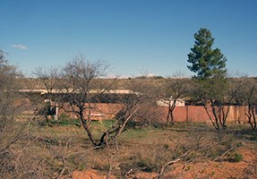lt= Brush and mesquite trees near park buildings.