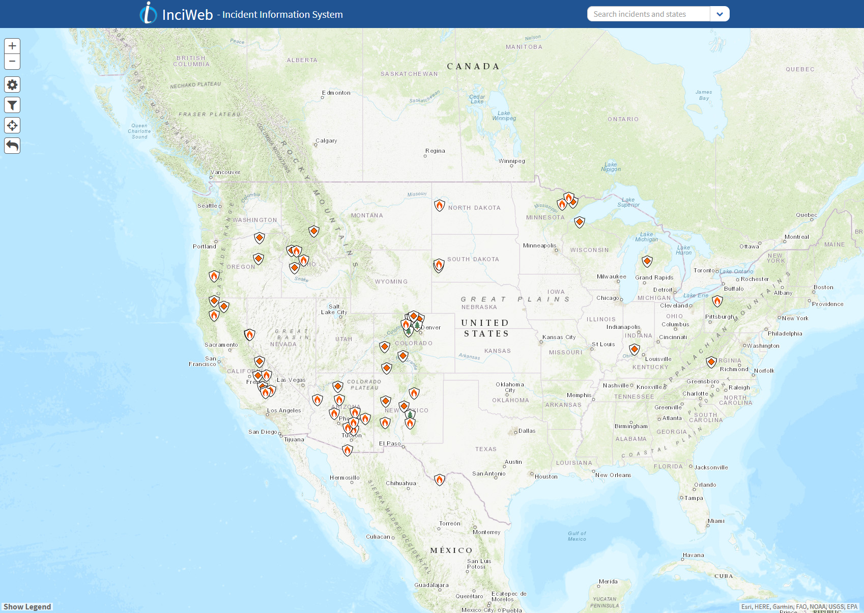 Map of the United States with small flames indicating where wildfires existed on May 19, 2021.