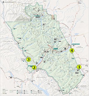 map of Glacier National Park, showing where comparison photos are from in the park