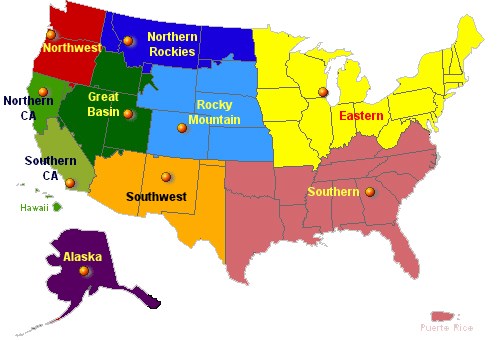 Colored map showing division of the United States for wildland fire management.