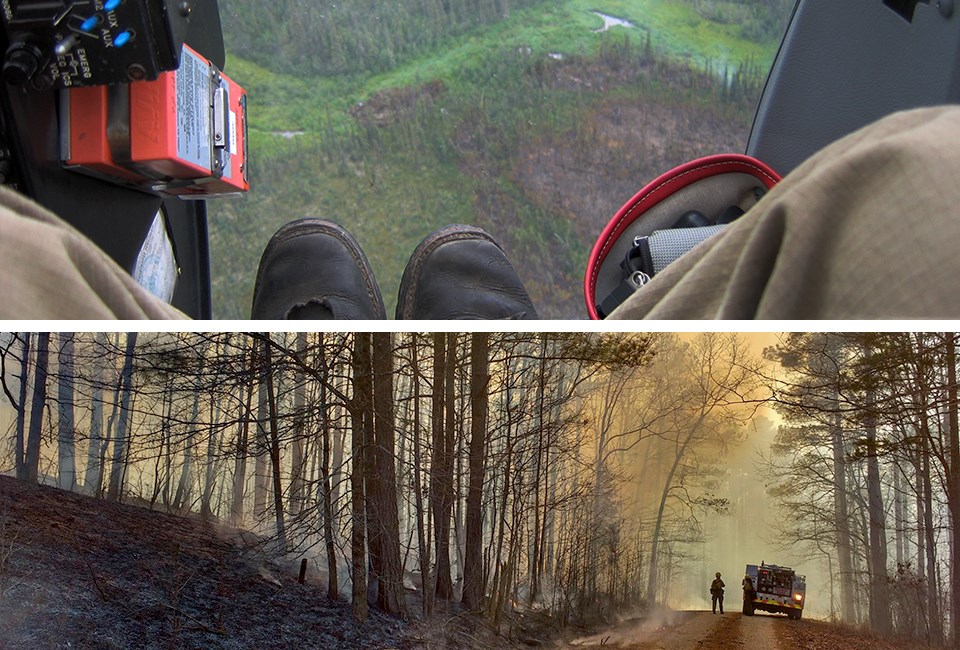 Top:Aerial view looking down on fire boots and fire below; Bottom:engine, firefighter, and fire in forest.