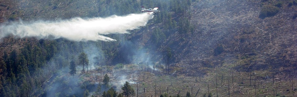 A small plane drops water on a fire.