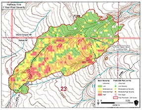 lt= Map showing burn severity in various areas of the fire.
