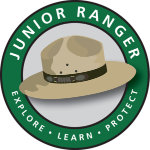 junior ranger logo: park ranger hat, explore, learn, protect