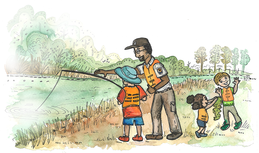 A ranger shows children how to fish in a river. 