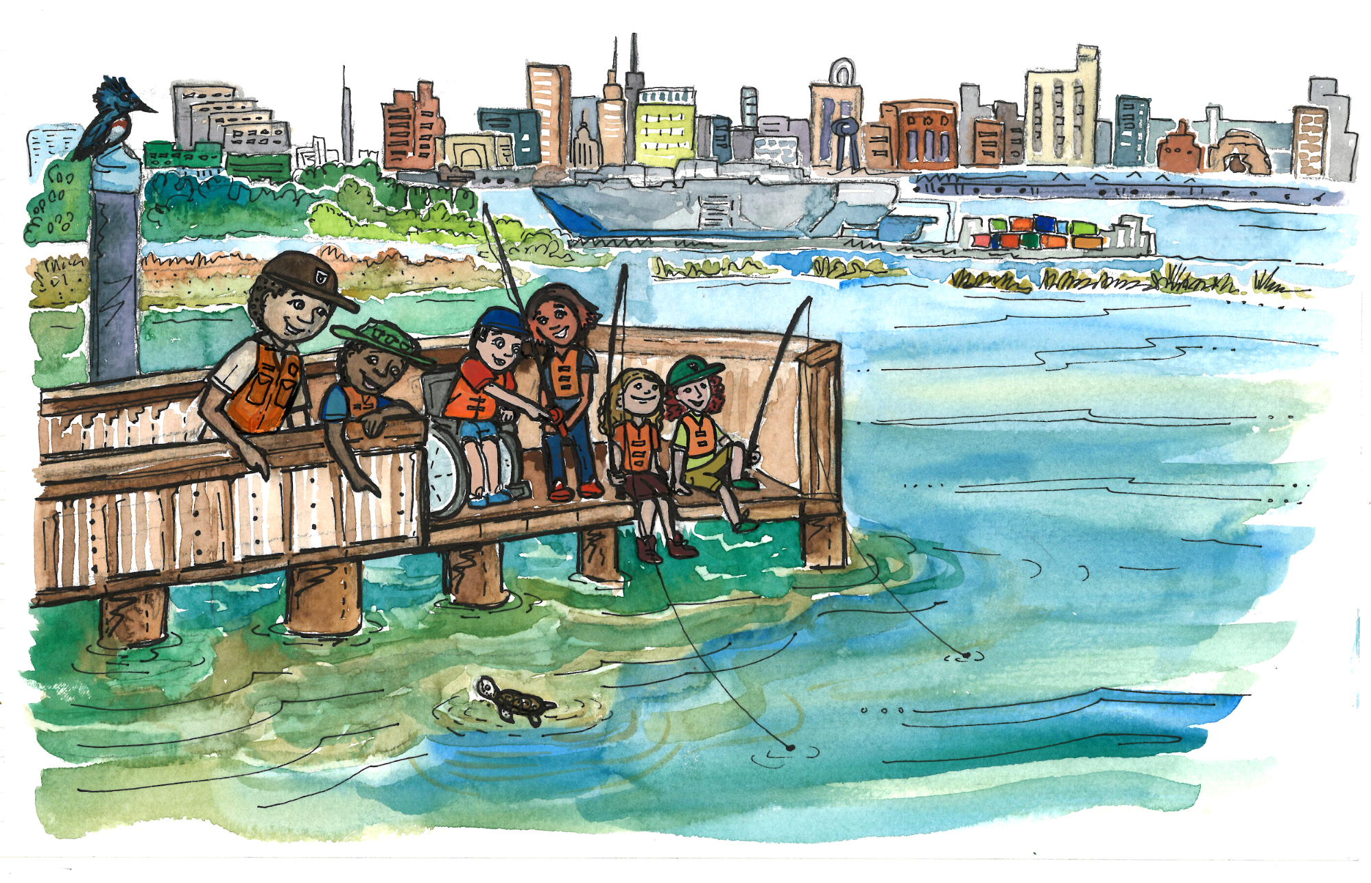 Children fishing from a pier with a ranger standing by. City in the background.