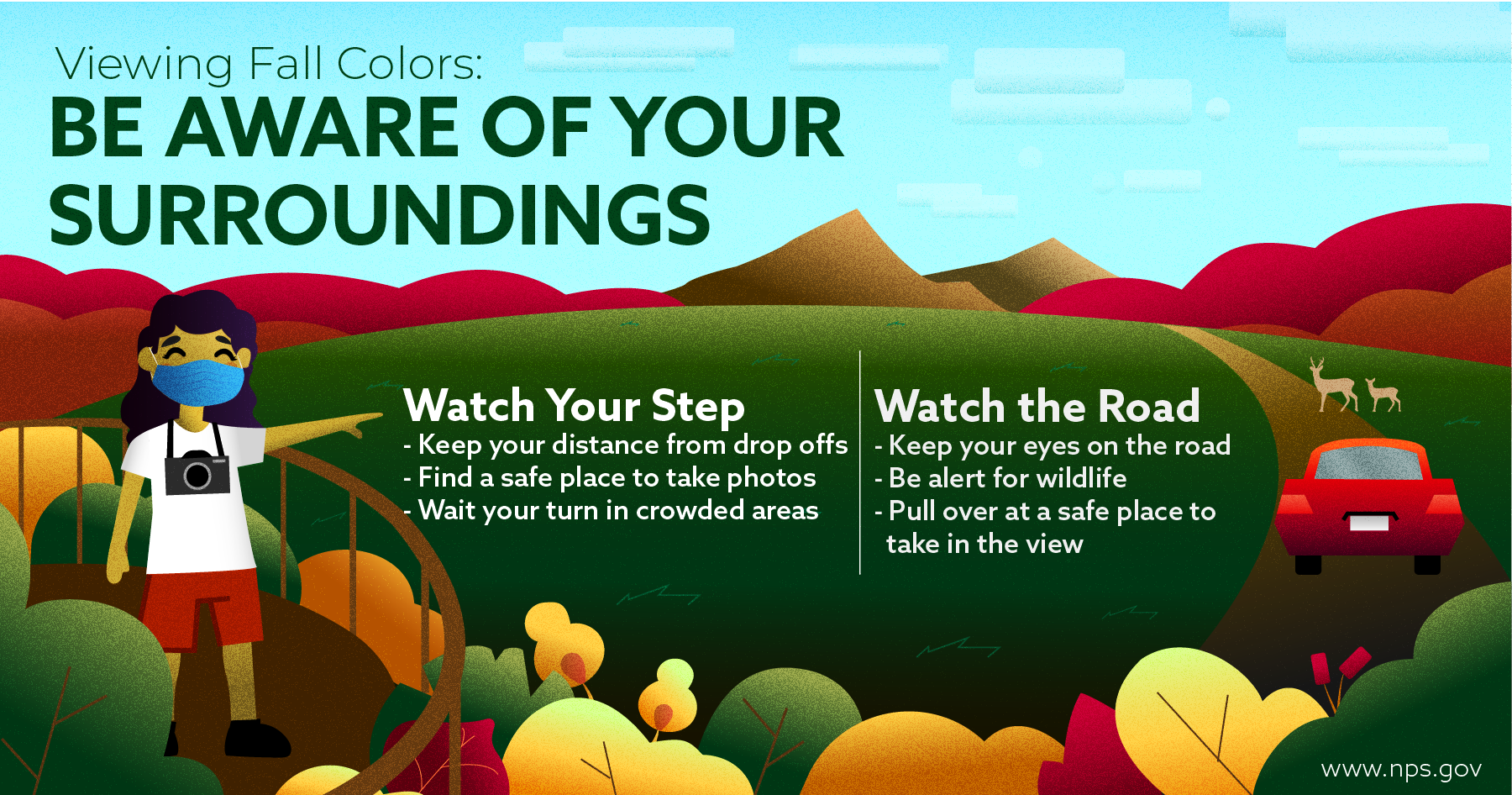 Leaf Peeping Safety Tips Infographic, detailed alt text on the webpage