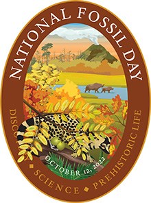 NFD_2022_Badge-web-220 National Fossil Day poster with brown border and scene of prehistoric forest plants and animals. Text includes, National Fossil Day, Discovery, Science, Prehistoric Life, and October 12, 2022.