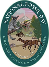 Image of artwork for national fossil day 2025 with prehistoric plants and animals