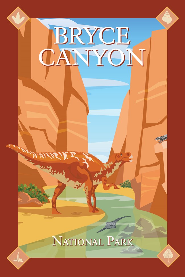 Art poster of a dinosaur walking in a rock walled canyon
