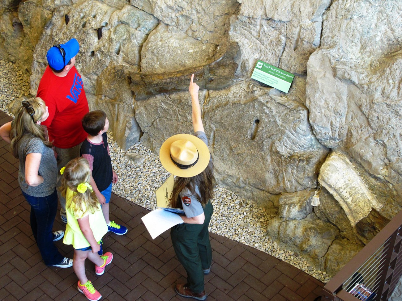 DINO 6E5CAB47-1DD8-B71B-0BEBF2D34D145C6DOriginal Photo of a ranger with visitors looking at fossil bones in a quarry exhibit.