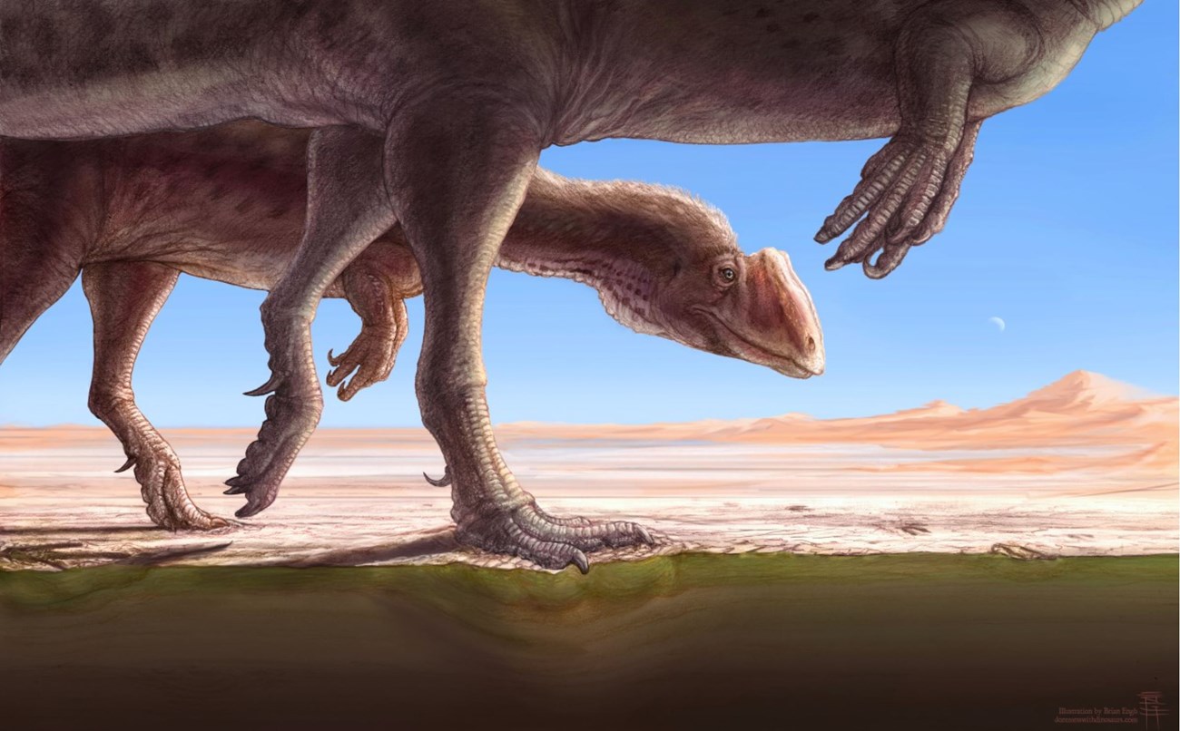 artist's mural of prehistoric scene with dinosaurs