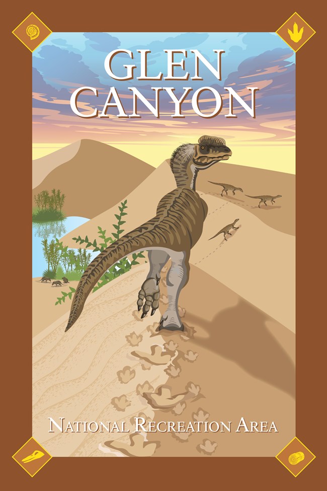 Art poster of a dinosaur walking on a sand dune.
