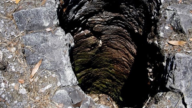 HAVO Picture10 Photo looking down into a cast mold of a tree trunk in lava rock.