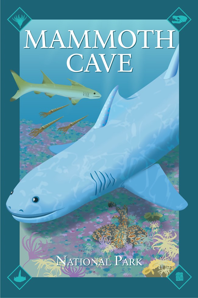Art poster of an underwater scene with sharks and fish.