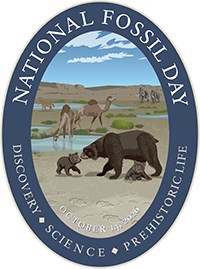 National Fossil Day poster with blue border and scene of prehistoric animals and wetlands. Text includes, National Fossil Day, Discovery, Science, Prehistoric Life, and October 14, 2026.