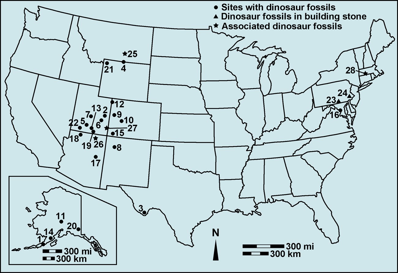 map of the U.S.with locations of park units that have dinosaur fossils