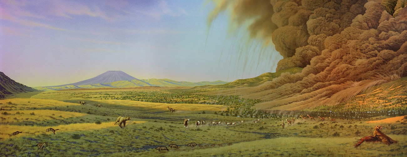 Artwork with an erupting volcano
