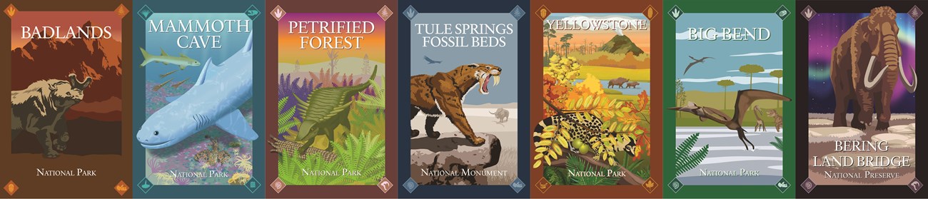 Prototype of top level logos collage of several art posters with prehistoric animals.