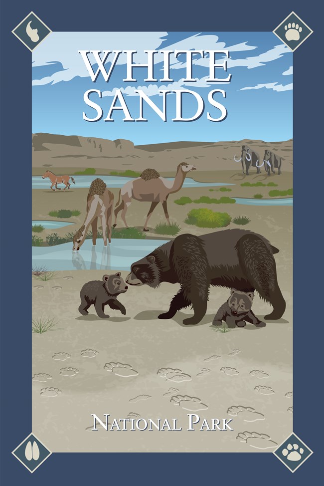 Art poster oa prehistoric animals including bears and camels.