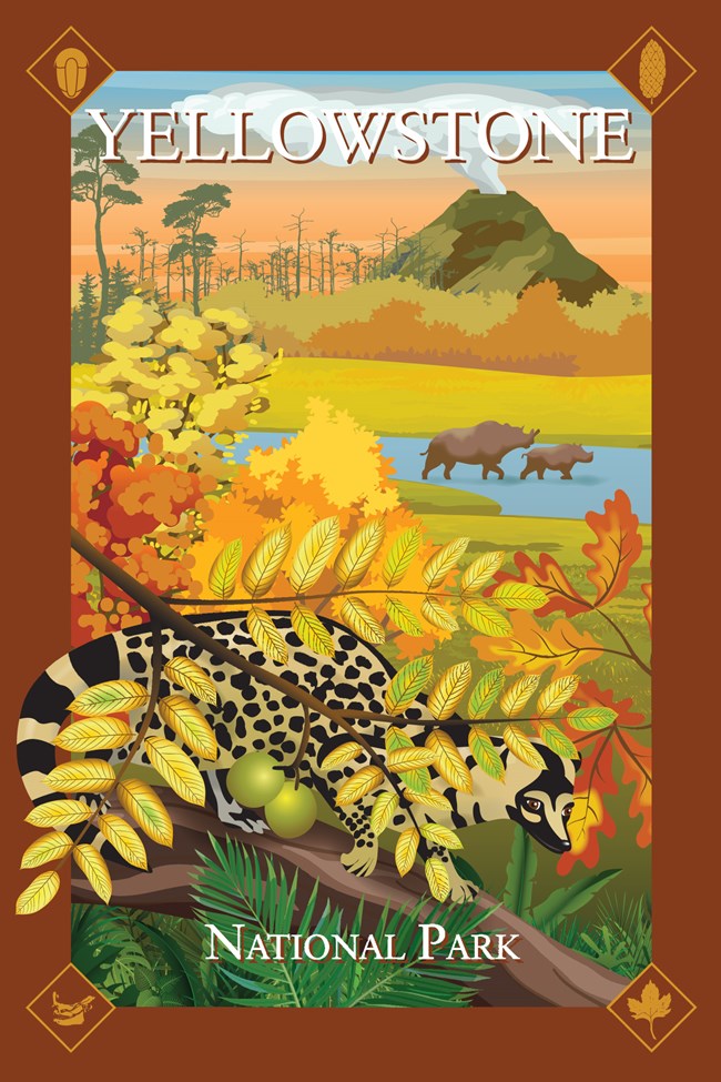 Art poster of prehistoric scene with plants, animals, and a volcano.
