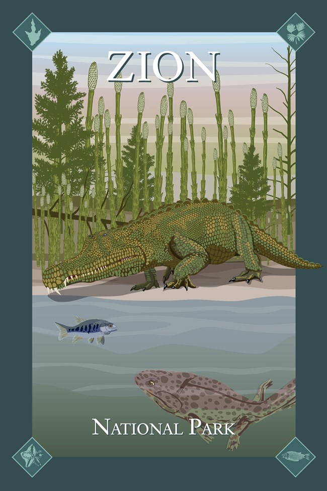 Art poster with a prehistoric crocodile