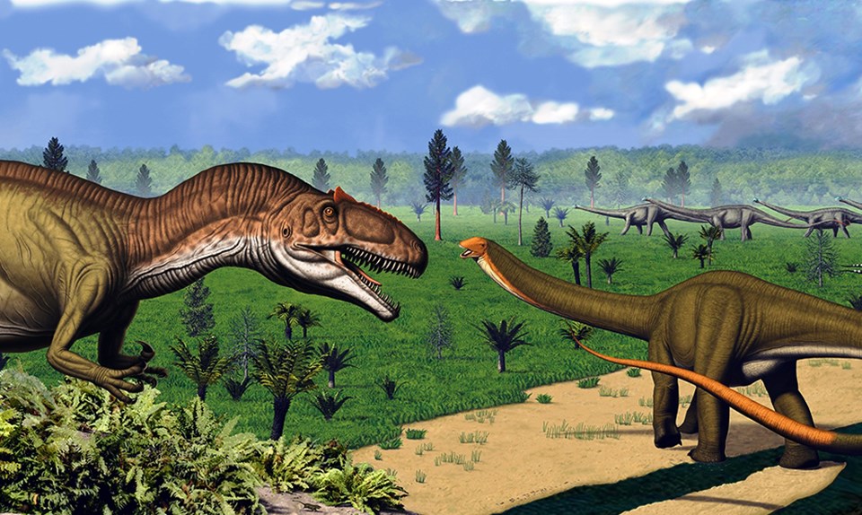 artist's mural of prehistoric scene with dinosaurs