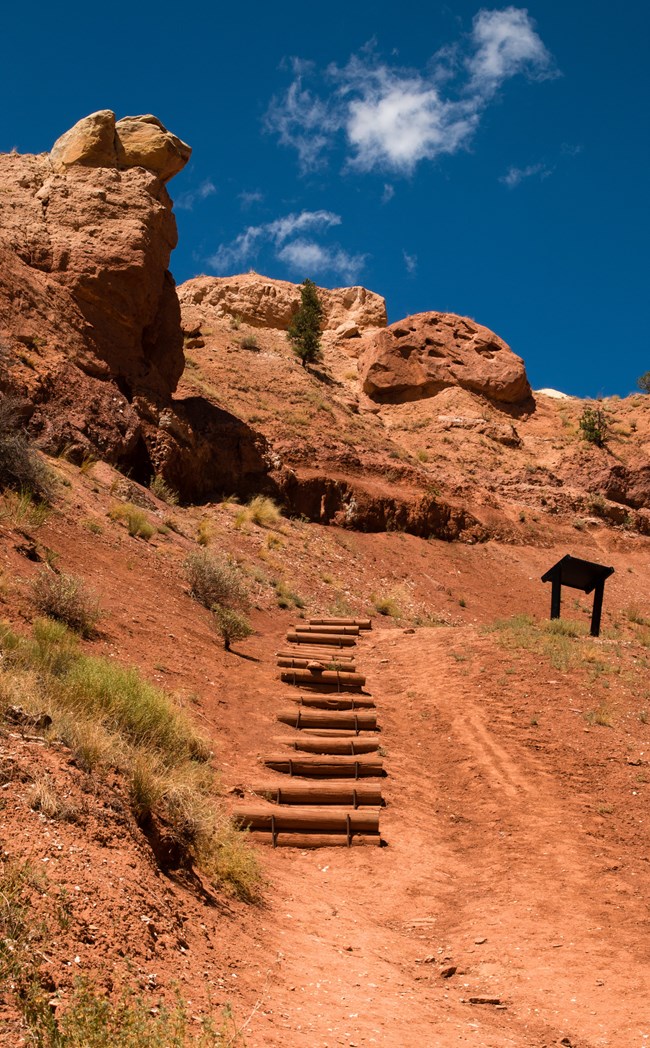 trail with steps leading up to vertical bluffs