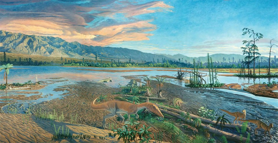 painting of dinosaurs in river bed (copyrights—temporary use do not copy or distribute)