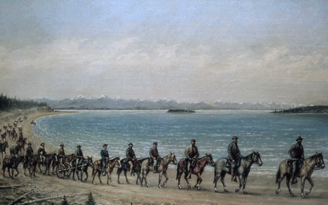 survey party on horseback passing a lake