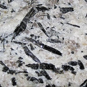 Photo of light color rock with large black crystal inclusions