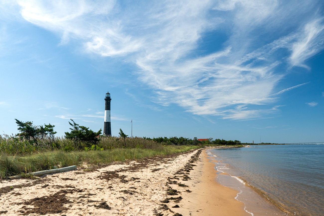 FIIS NCBN Photo of a sandy shoreline with a lighthouse and dune grasses