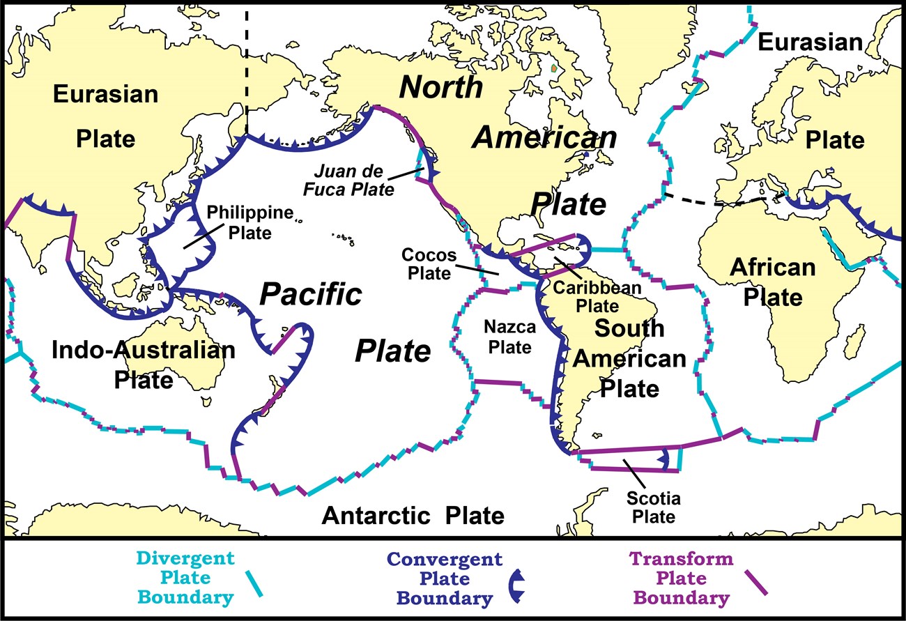 map of earth's oceans and continents with boundaries of tectonic plates highlighted