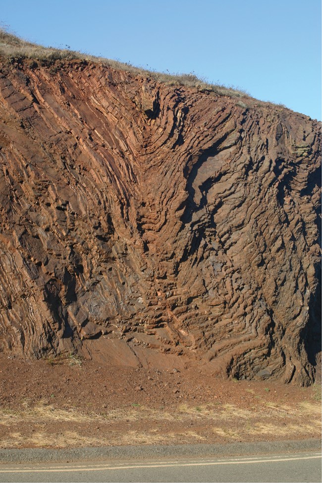 folded geologic layers in road cut