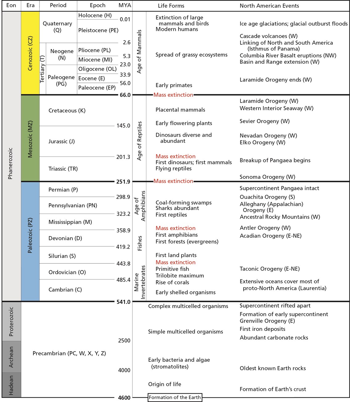 Geologic time scale showing the geologic eons, eras, periods, epochs, and associated dates in millions of years ago (MYA). The time scale also shows the onset of major evolutionary and tectonic events affecting the North American continent.