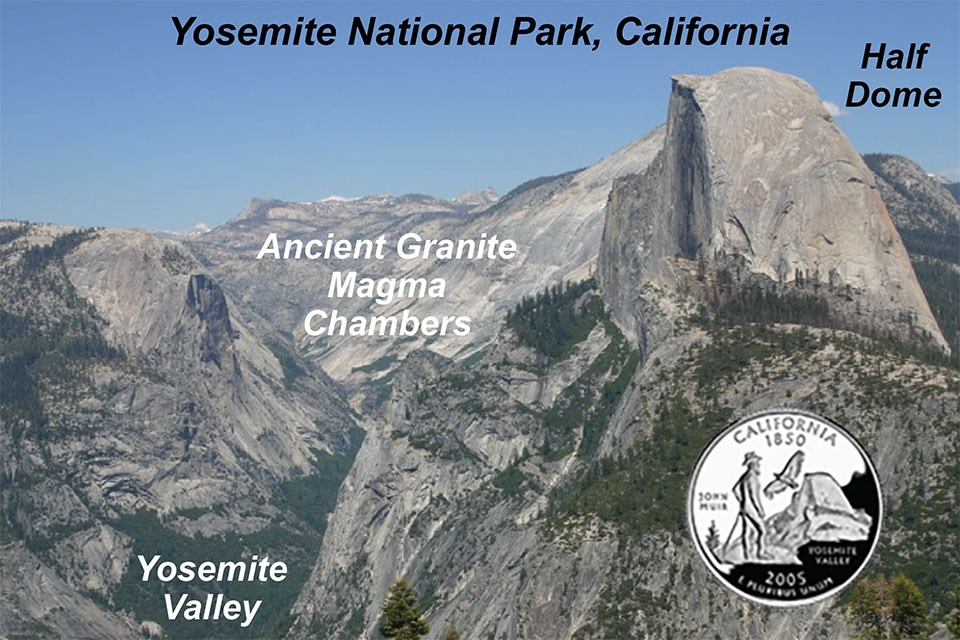 Photo of yosemite valley labeled with state coin featuring half dome.