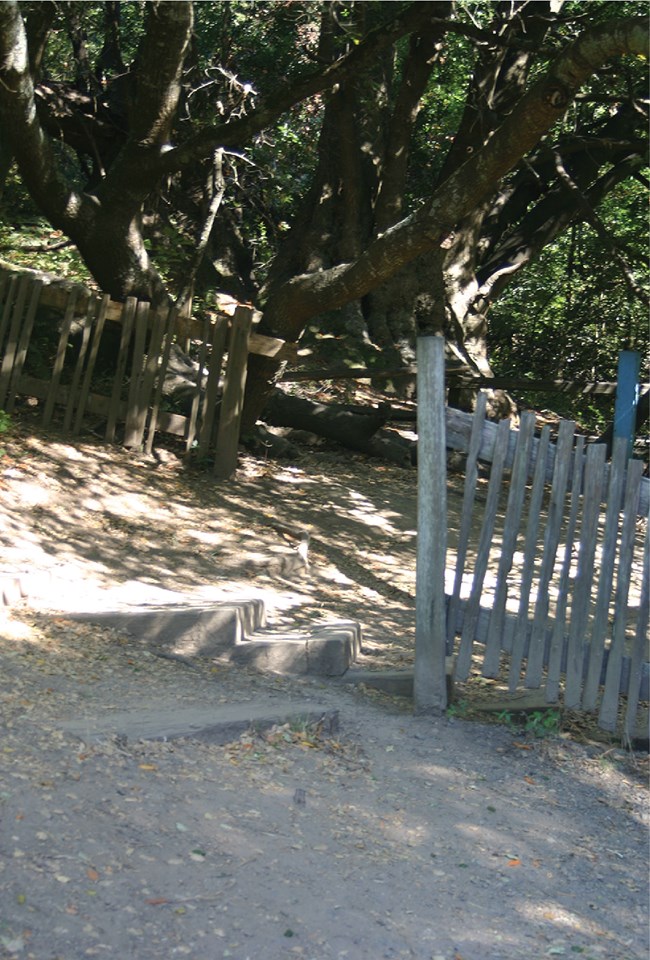 trail with steps passing through 2 sections of offset wooden fence