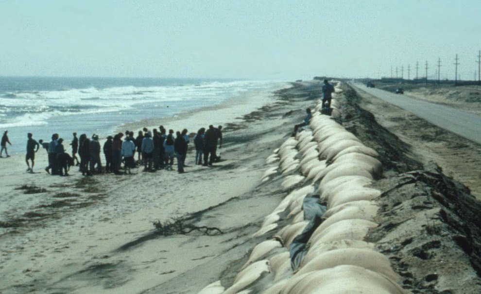 Berms built in an attempt to protect road surface in Cape Hatteras National Seashore, North Carolina.