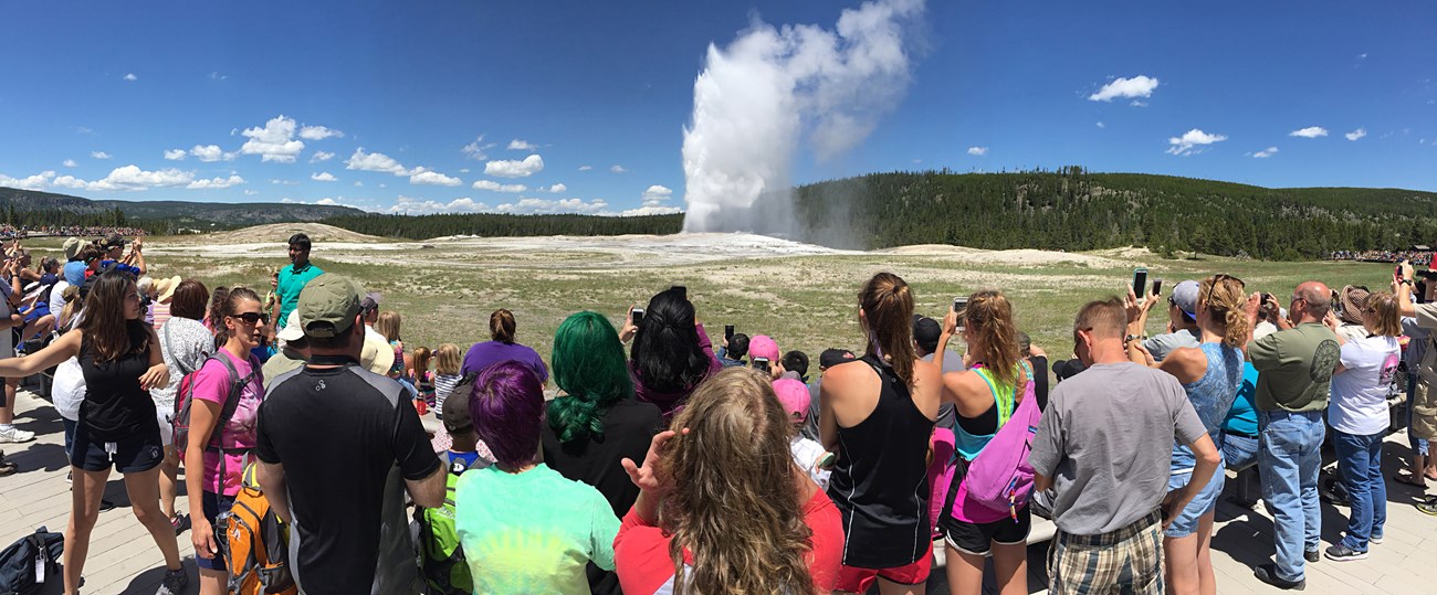 Visitors watching Old Faithful Geyser erupting.