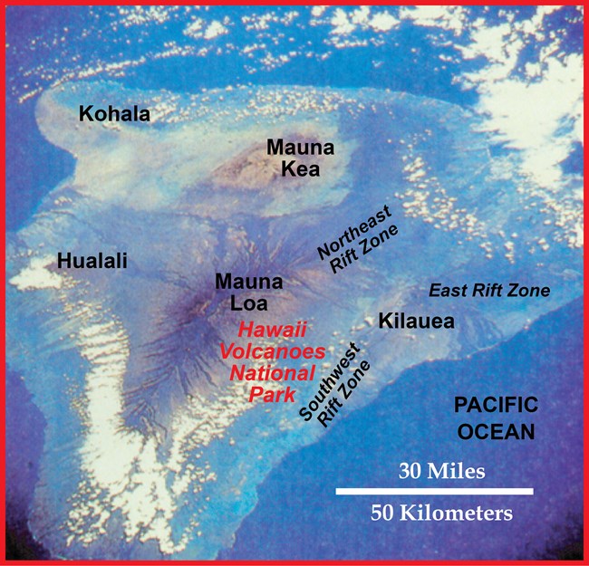 aerial photo of hawaii with geographic features labeled